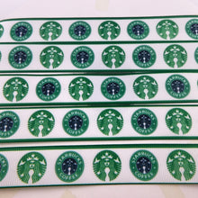 Load image into Gallery viewer, Ribbon by the Yard - 7/8" - Starbucks Green Logos w/ Green Borders