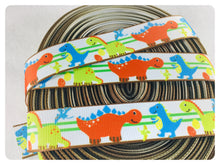 Load image into Gallery viewer, Ribbon by the Yard - 7/8" - Dinosaur Ribbon - Orange, blue, green