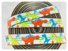 Load image into Gallery viewer, Ribbon by the Yard - 7/8" - Dinosaur Ribbon - Orange, blue, green