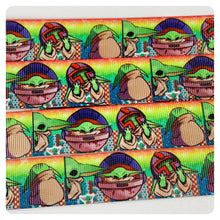 Load image into Gallery viewer, Ribbon by the Yard - SW - Baby Yoda Rainbow Background