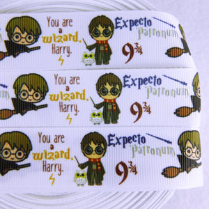 Ribbon by the Yard - Harry Potter Brooms & Wands with Words You Are A Wizard