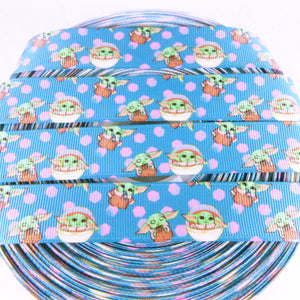 Ribbon by the Yard - Star Wars Baby Yoda Scatter on Blue  with Pink Dots