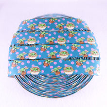 Load image into Gallery viewer, Ribbon by the Yard - Star Wars Baby Yoda Scatter on Blue  with Pink Dots
