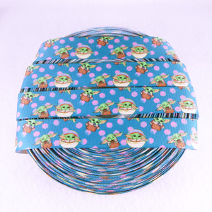 Ribbon by the Yard - Star Wars Baby Yoda Scatter on Blue  with Pink Dots