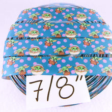 Load image into Gallery viewer, Ribbon by the Yard - Star Wars Baby Yoda Scatter on Blue  with Pink Dots
