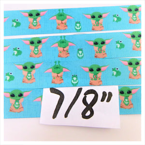 Ribbon by the yard - The Child, Baby Yoda with Frog on Teal