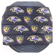 Load image into Gallery viewer, Ribbon by the Yard - Baltimore Ravens Head &amp; Shield on Black
