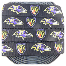 Load image into Gallery viewer, Ribbon by the Yard - Baltimore Ravens Head &amp; Shield on Black
