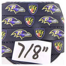 Load image into Gallery viewer, Ribbon by the Yard - Baltimore Ravens Head &amp; Shield on Black
