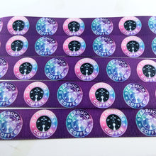 Load image into Gallery viewer, Ribbon by the Yard - 7/8&quot; - Starbucks Galaxy Logos on Purple
