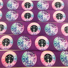 Load image into Gallery viewer, Ribbon by the Yard - 7/8&quot; - Starbucks Galaxy Logos on Purple
