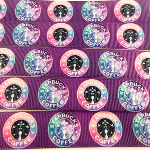 Ribbon by the Yard - 7/8" - Starbucks Galaxy Logos on Purple