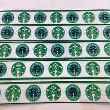 Load image into Gallery viewer, Ribbon by the Yard - 7/8&quot; - Starbucks Green Logos w/ Green Borders
