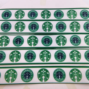 Ribbon by the Yard - 7/8" - Starbucks Green Logos w/ Green Borders