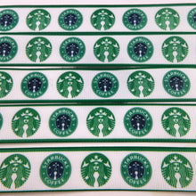 Load image into Gallery viewer, Ribbon by the Yard - 7/8&quot; - Starbucks Green Logos w/ Green Borders
