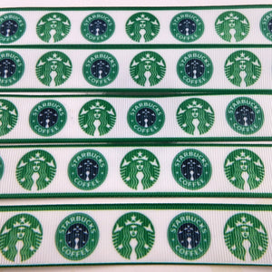 Ribbon by the Yard - 7/8" - Starbucks Green Logos w/ Green Borders