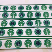Load image into Gallery viewer, Ribbon by the Yard - 7/8&quot; - Starbucks Green Logos w/ Green Borders
