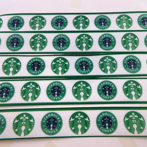 Ribbon by the Yard - 7/8" - Starbucks Green Logos w/ Green Borders