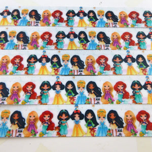 Ribbon by the Yard - 7/8" - Cute Princesses on White