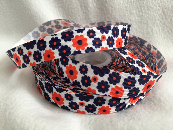 Ribbon by the Yard - Flower Ribbon - Orange and Blue Flowers