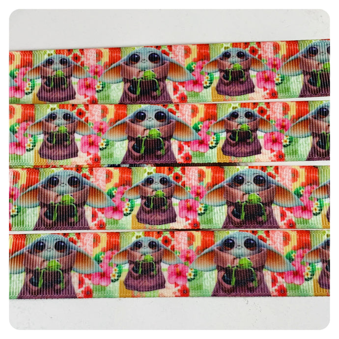 Ribbon by the Yard - SW - Baby Yoda With Frog on Flower Background
